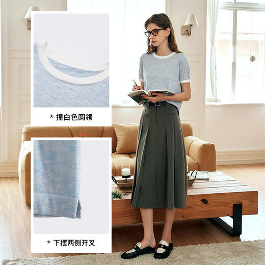 OLrain欧芮儿浅蓝色针织衫女夏季2024年新款时尚简约撞色短袖上衣 商品图3