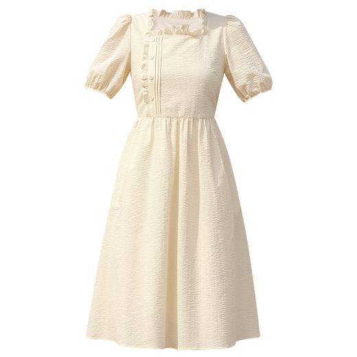 勿忘花黄色纯棉方领连衣裙女夏2025年夏季新款法式收腰泡泡袖裙子 商品图3