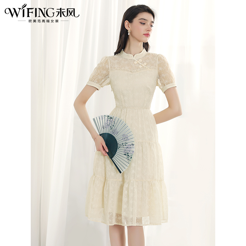 未风杏色雪纺连衣裙女夏2024年夏季新款女装改良旗袍国风短袖裙子