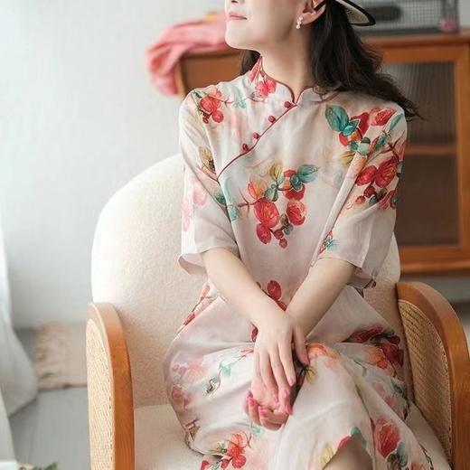 雀说 中式改良盘扣旗袍裙夏季棉麻立领文艺连衣裙复古印花棉麻旗袍4ZF-41502 商品图2