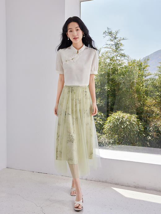 【专属特价】熙世界国风水墨印花a字网纱裙2025夏新款显瘦百褶半身裙中长裙 商品图2