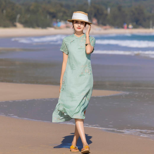 国风立领中袖短袖，苎麻刺绣中长款连衣裙HS-HY2102-16 商品图1