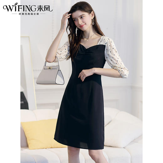 未风黑色波点连衣裙女春2024春季新款女装时尚假两件减龄显瘦裙子 商品图0