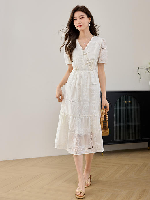 【专属特价】熙世界新中式国风天丝连衣裙高级感2025夏季泡泡袖气质白色裙子 商品图2