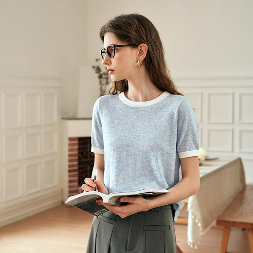 OLrain欧芮儿浅蓝色针织衫女夏季2024年新款时尚简约撞色短袖上衣 商品图1