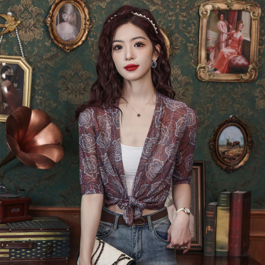 KQL E001M6984网纱印花开衫披肩防晒衣系带空调衫 商品图0