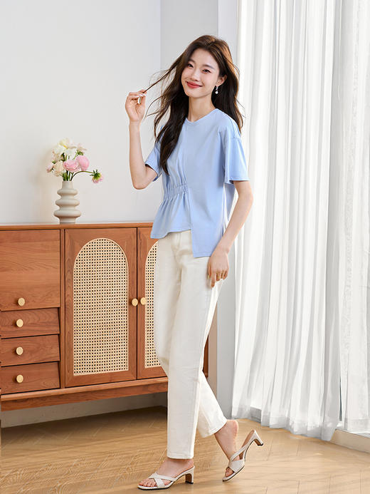 【专属特价】熙世界不规则下摆褶皱短袖T恤夏季纯色圆领半袖体恤上衣设计感 商品图3