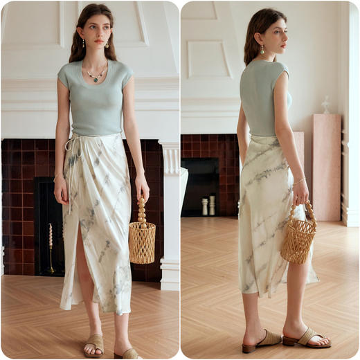 OLrain欧芮儿杏色半身裙女夏季2024年新款时尚印花不规则开叉半裙 商品图3