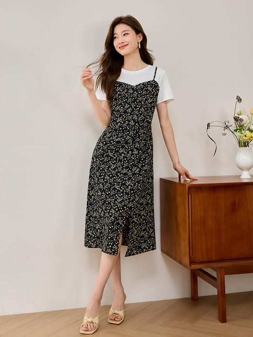 【专属特价】熙世界假两件吊带碎花裙2025夏天新款短袖气质法式度假风连衣裙 商品图3