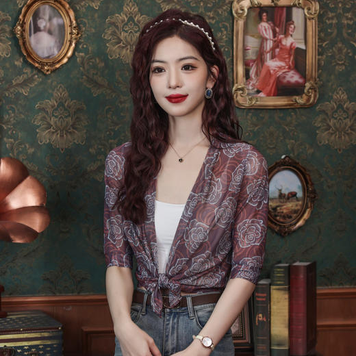 KQL E001M6984网纱印花开衫披肩防晒衣系带空调衫 商品图2