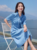【专属特价】熙世界单排扣休闲牛仔连衣裙女短袖2025夏新款时尚收腰翻领裙子 商品缩略图4
