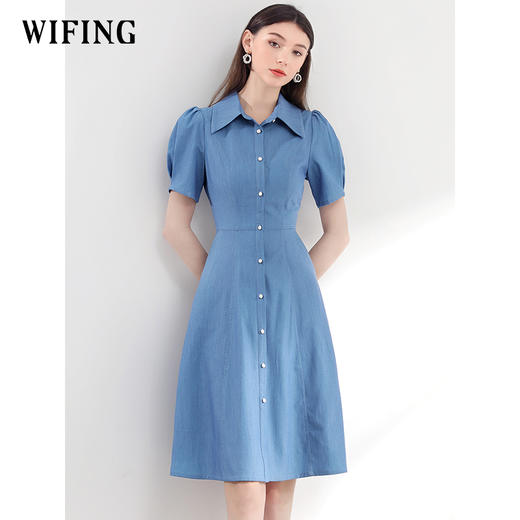 未风蓝色牛仔衬衫翻领连衣裙女夏2025夏季新款通勤泡泡袖显瘦裙子 商品图2