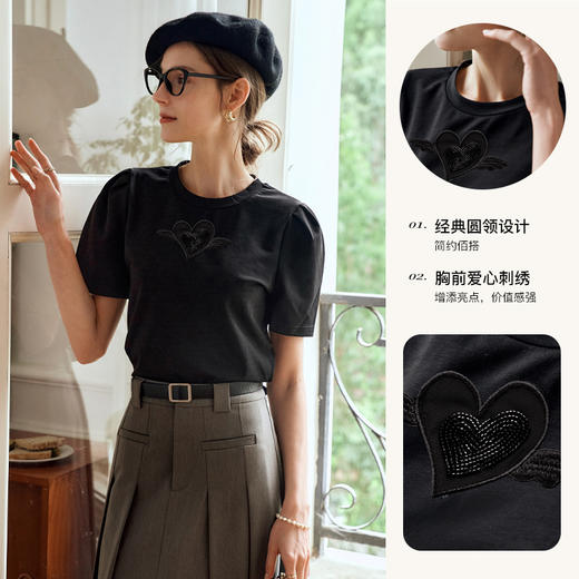 OLrain欧芮儿黑色短袖T恤女夏季2024年新款宽松爱心镂空圆领上衣 商品图3
