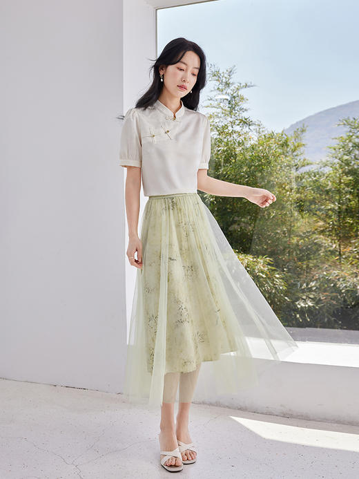 【专属特价】熙世界国风水墨印花a字网纱裙2025夏新款显瘦百褶半身裙中长裙 商品图4