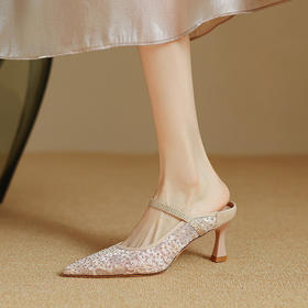 【预售5天】时尚半拖鞋高跟穆勒鞋气质高级感网纱镂空凉鞋HCYYHD&5251