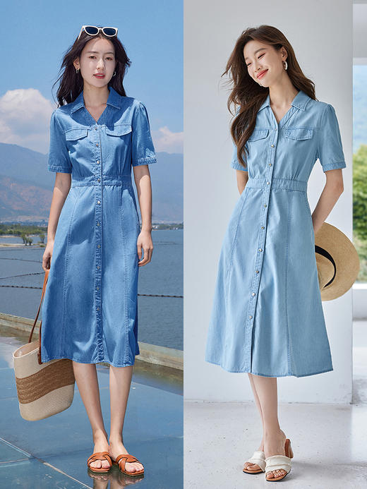 【专属特价】熙世界单排扣休闲牛仔连衣裙女短袖2025夏新款时尚收腰翻领裙子 商品图3