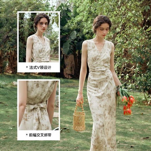 OLrain欧芮儿法式杏色连衣裙女夏季2024年新款收腰显瘦碎花中长裙 商品图3