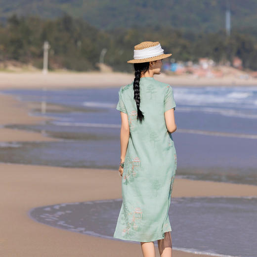 国风立领中袖短袖，苎麻刺绣中长款连衣裙HS-HY2102-16 商品图2