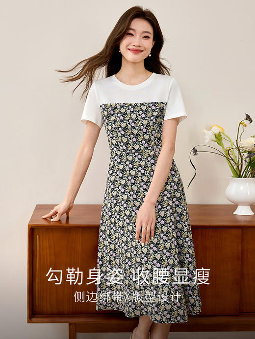 【专属特价】熙世界假两件拼接碎花连衣裙2025新款休闲圆领短袖气质夏季裙子 商品图1