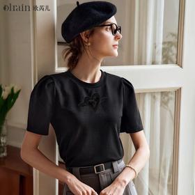 OLrain欧芮儿黑色短袖T恤女夏季2024年新款宽松爱心镂空圆领上衣