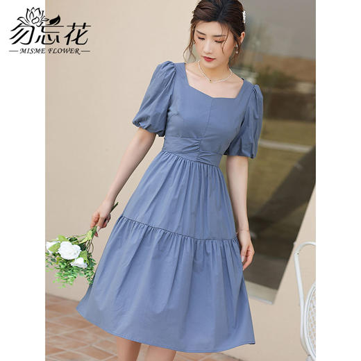 勿忘花蓝色纯棉泡泡袖连衣裙女夏2024夏季新款气质设计感显瘦裙子 商品图1