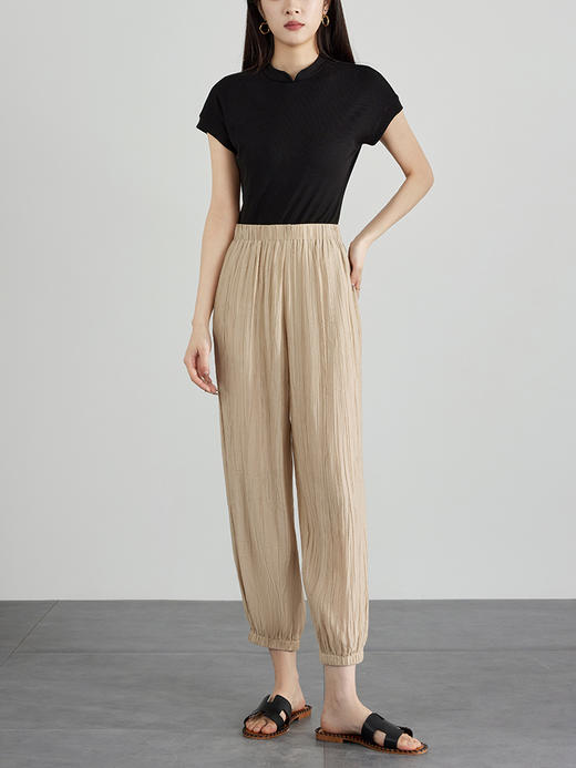 【五折购】熙世界仿天丝褶皱感九分灯笼裤凉凉裤夏薄款女裤休闲束脚哈伦裤 商品图3