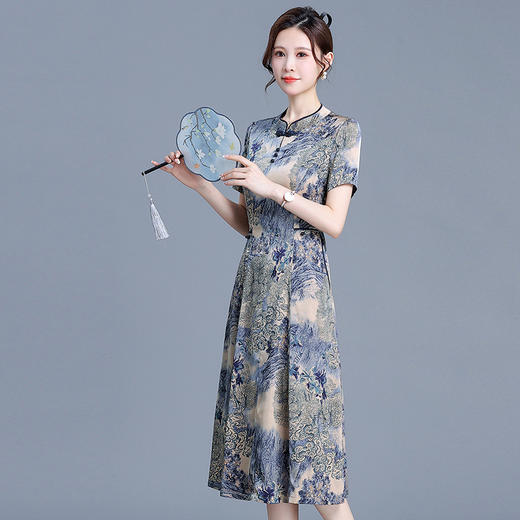 中式水墨画复古改良旗袍裙，中长款短袖连衣裙QYM-KED-6452-Y 商品图1