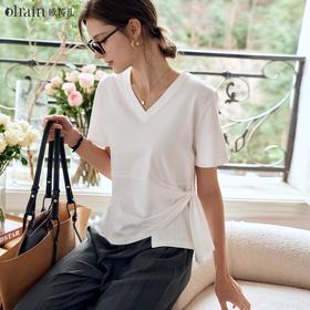 OLrain欧芮儿米白色T恤女夏季2024年新款百搭V领设计感短袖上衣