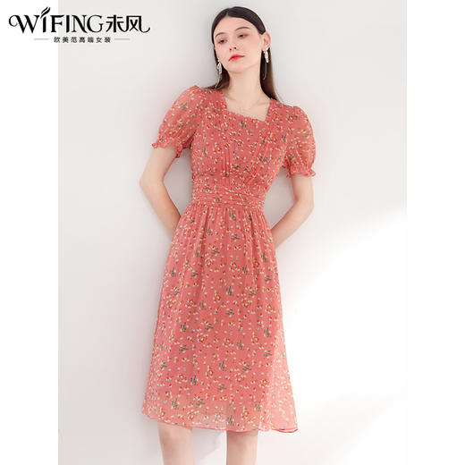 未风红色雪纺碎花连衣裙女夏2024年夏季新款女装气质法式收腰裙子 商品图1