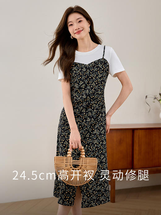 【专属特价】熙世界假两件吊带碎花裙2025夏天新款短袖气质法式度假风连衣裙 商品图1