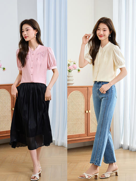 【专属特价】熙世界轻国风刺绣醋酸衬衫2025夏装新款高级感泡泡袖粉色衬衣 商品图4