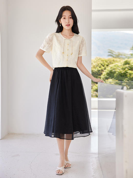 熙世界83%天丝新中式流苏盘扣雪纺衫圆领绣花短袖夏季国风上衣 商品图2