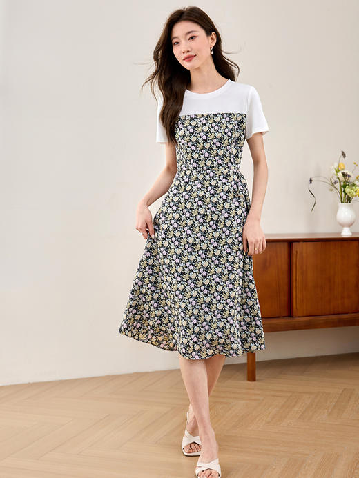 【专属特价】熙世界假两件拼接碎花连衣裙2025新款休闲圆领短袖气质夏季裙子 商品图2