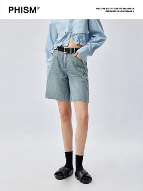 水洗牛仔廓形毛边短裤