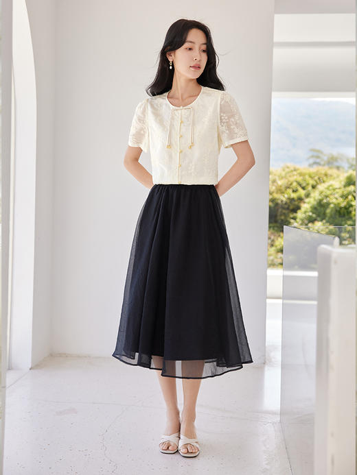 熙世界83%天丝新中式流苏盘扣雪纺衫圆领绣花短袖夏季国风上衣 商品图4