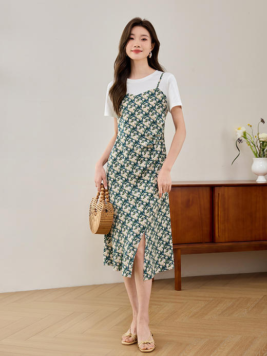 【专属特价】熙世界气质开叉碎花连衣裙2025夏天新款修身显瘦假两件吊带裙子 商品图2