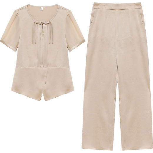 QYMTYH-247268-Y 时尚套装裤女夏季2024年新款短袖小衫直筒长袖两件套 商品图4