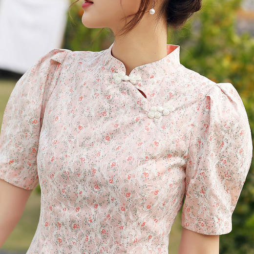 勿忘花粉色旗袍改良版连衣裙女2024夏季新款国风复古蕾丝碎花裙子 商品图2