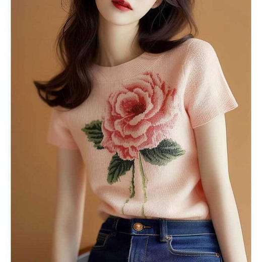 MZ16638玫瑰花朵印花针织短袖t恤修身显瘦上衣 商品图1