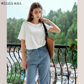 OLrain欧芮儿米白色短袖T恤女夏季2024年新款国风宽松刺绣上衣