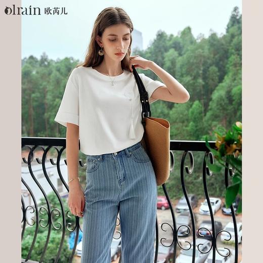 OLrain欧芮儿米白色短袖T恤女夏季2024年新款国风宽松刺绣上衣 商品图0