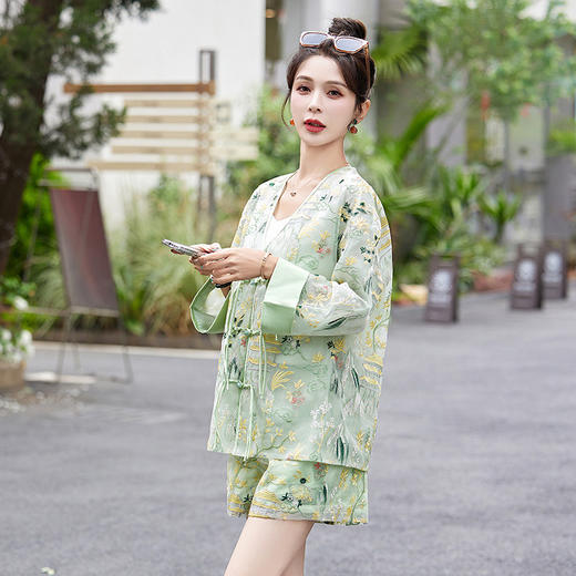 夏日新中式风刺绣设计清凉透气两件套裤HR-AQHUI2468 商品图0