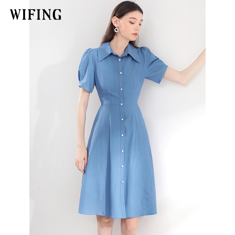 未风蓝色牛仔衬衫翻领连衣裙女夏2025夏季新款通勤泡泡袖显瘦裙子