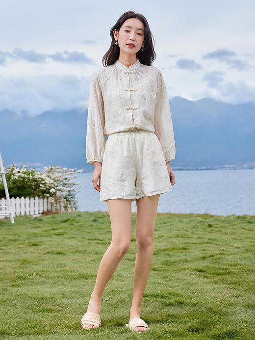 【专属特价】熙世界莱赛尔新中式衬衫套装女国风禅意天丝上衣短裤夏季两件套 商品图4
