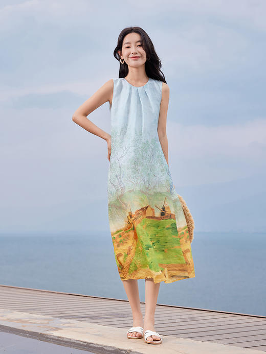 【1件75折，2件73折】【梵高联名】熙世界苎麻无袖印花连衣裙夏季海边度假沙滩背心裙 商品图4