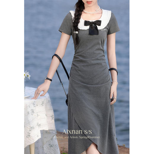 鹿向南「莫兰高校」法式学院风灰色娃娃领连衣裙2024新款女夏裙子L36817 商品图2
