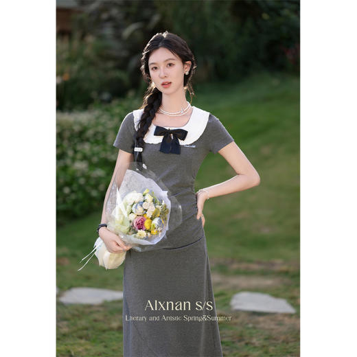 鹿向南「莫兰高校」法式学院风灰色娃娃领连衣裙2024新款女夏裙子L36817 商品图4