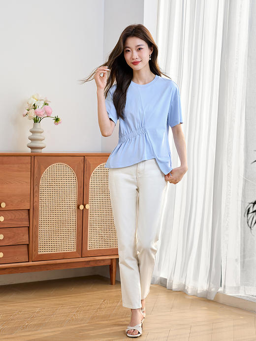 【专属特价】熙世界不规则下摆褶皱短袖T恤夏季纯色圆领半袖体恤上衣设计感 商品图2