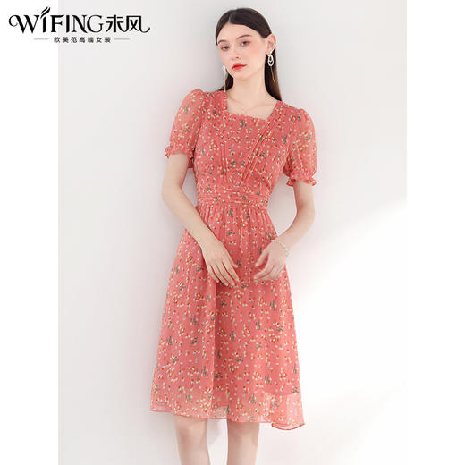 未风红色雪纺碎花连衣裙女夏2024年夏季新款女装气质法式收腰裙子 商品图0