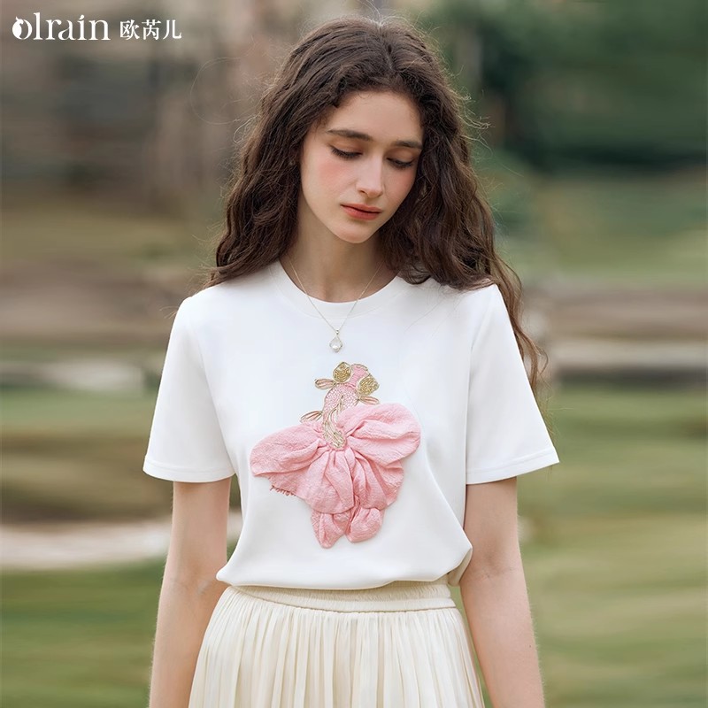 欧芮儿法式白色刺绣短袖T恤女夏季2024新款圆领设计感别致小上衣